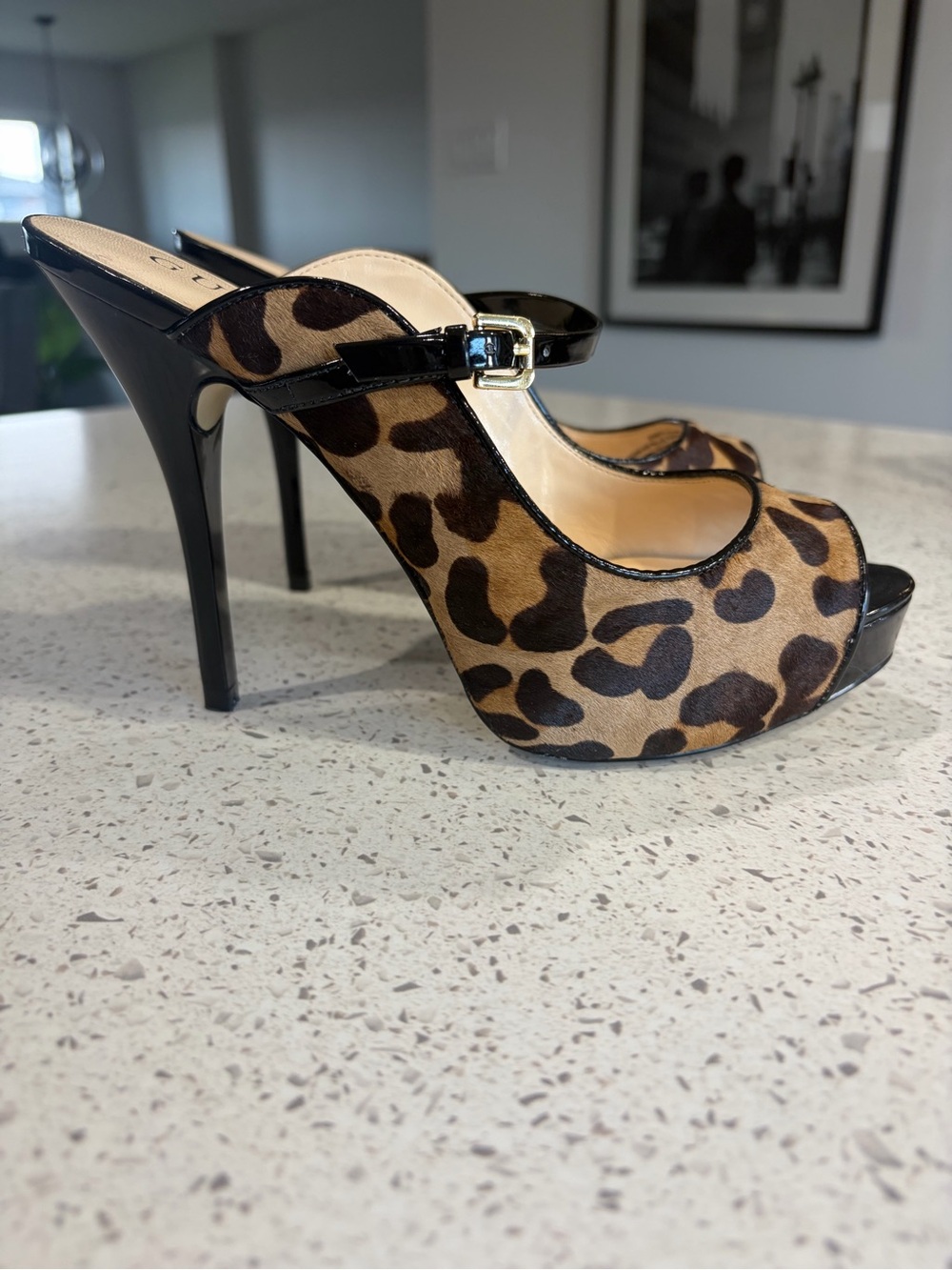 Guess Leopard Print Mary Jane Peep-Toe Heels in Brown & Black